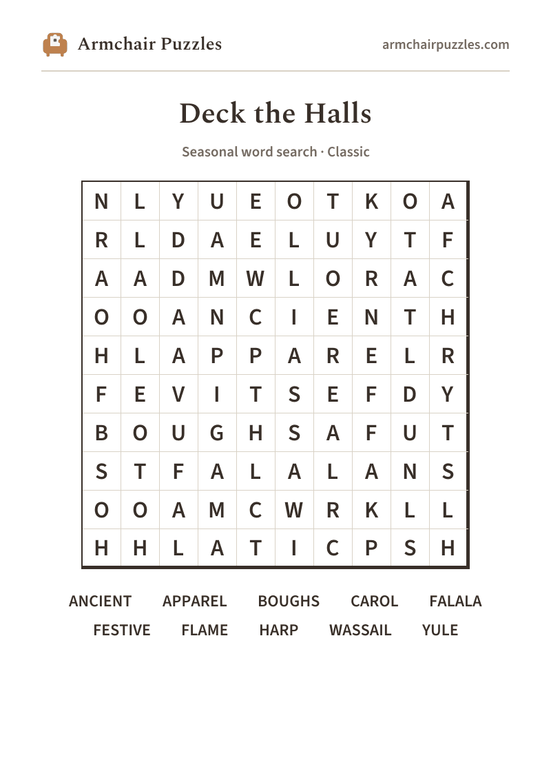 The printable Deck the Halls word search sheet: large-print Classic grid with its word list