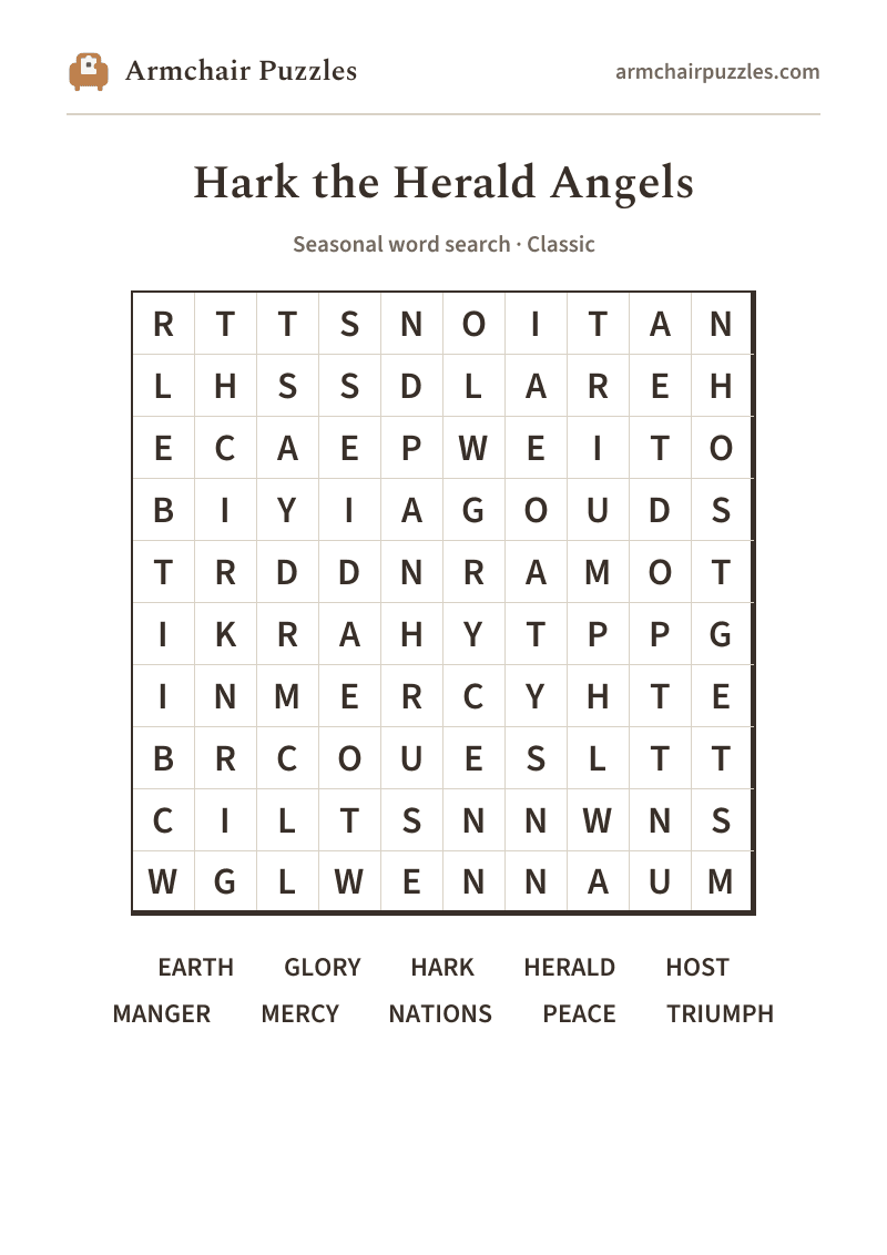 The printable Hark the Herald Angels word search sheet: large-print Classic grid with its word list