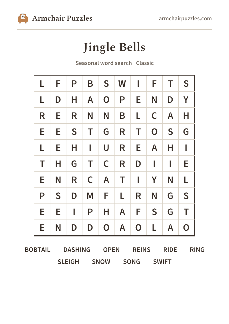The printable Jingle Bells word search sheet