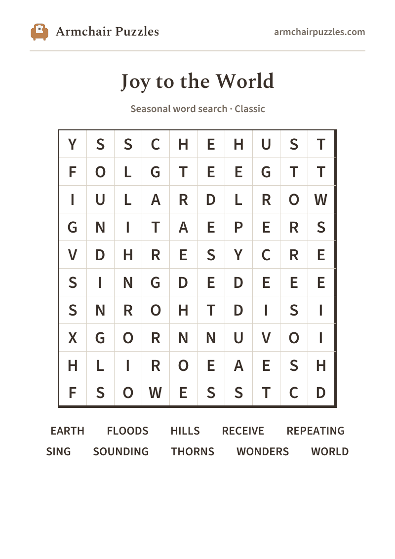 The printable Joy to the World word search sheet: large-print Classic grid with its word list