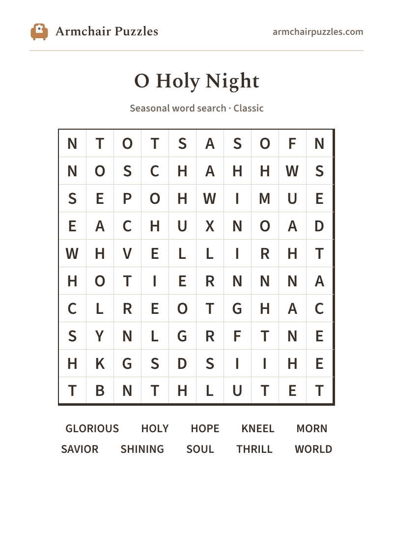 The printable O Holy Night word search sheet in large print