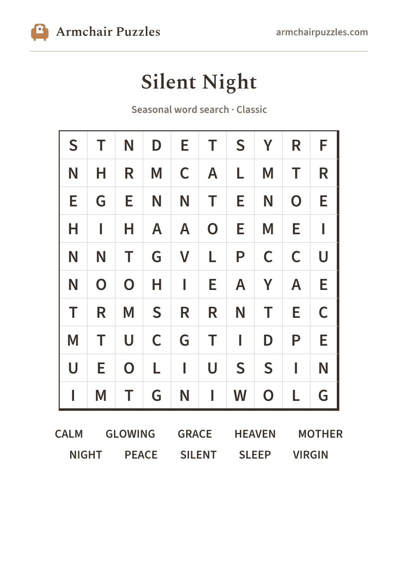 The printable Silent Night word search sheet