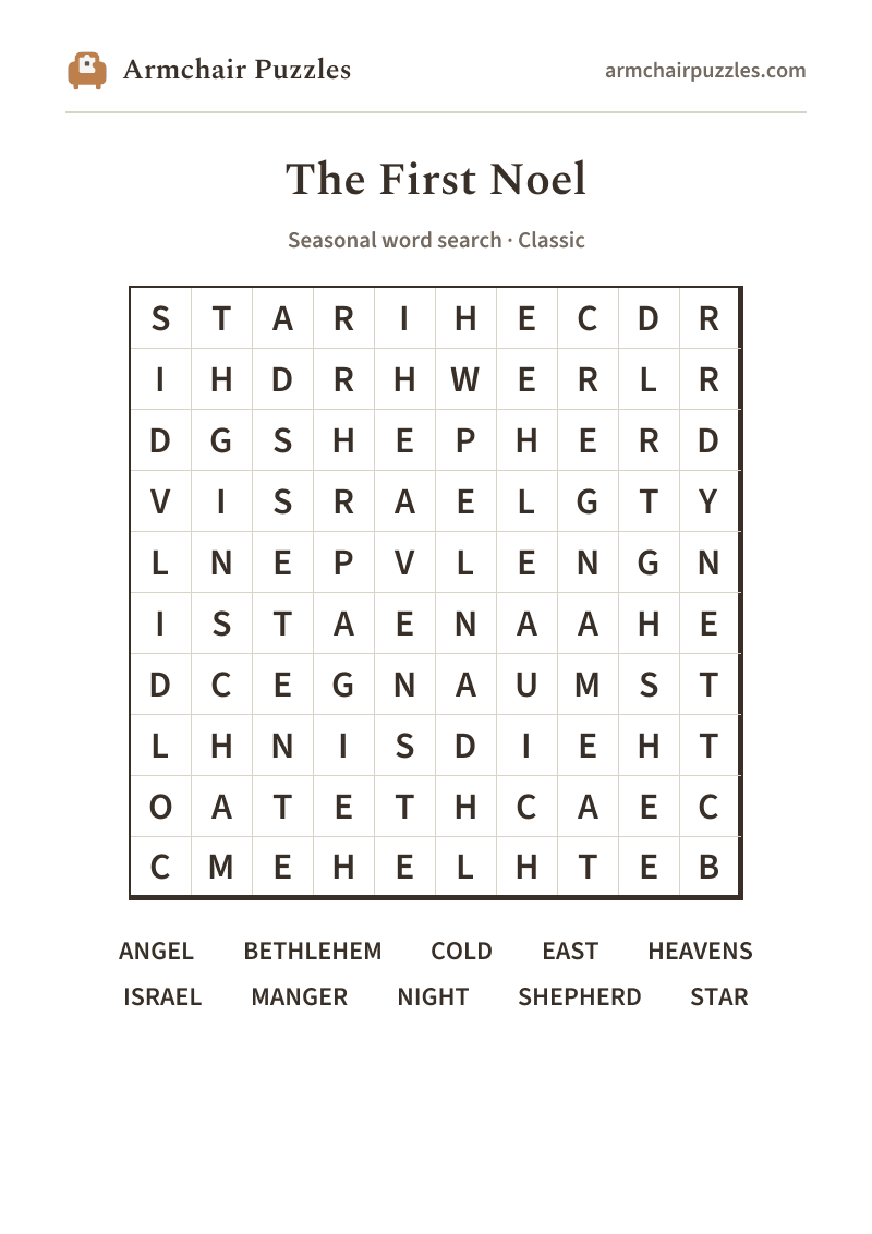 The printable The First Noel word search sheet: large-print Classic grid with its word list