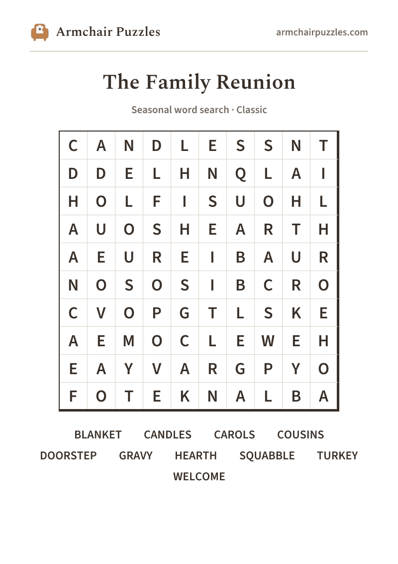 The printable The Family Reunion word search sheet: large-print Classic grid with its word list