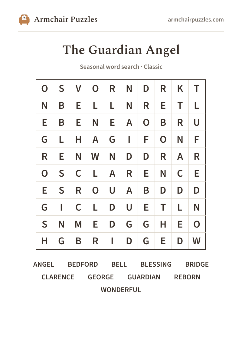 The printable The Guardian Angel word search sheet: large-print Classic grid with its word list