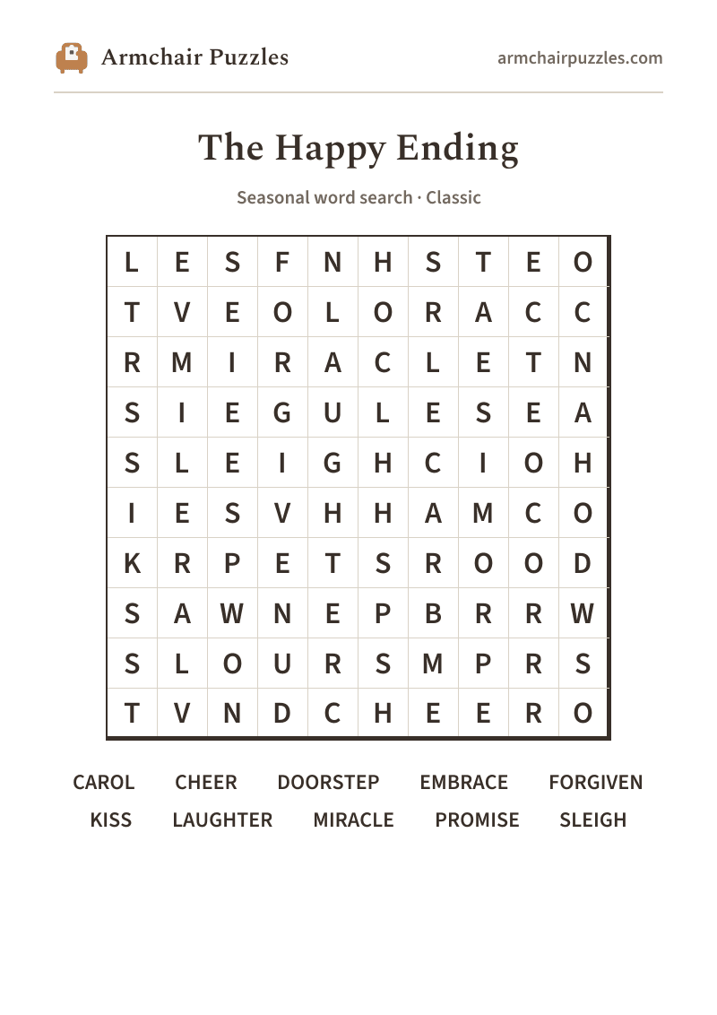 The printable The Happy Ending word search sheet: large-print Classic grid with its word list