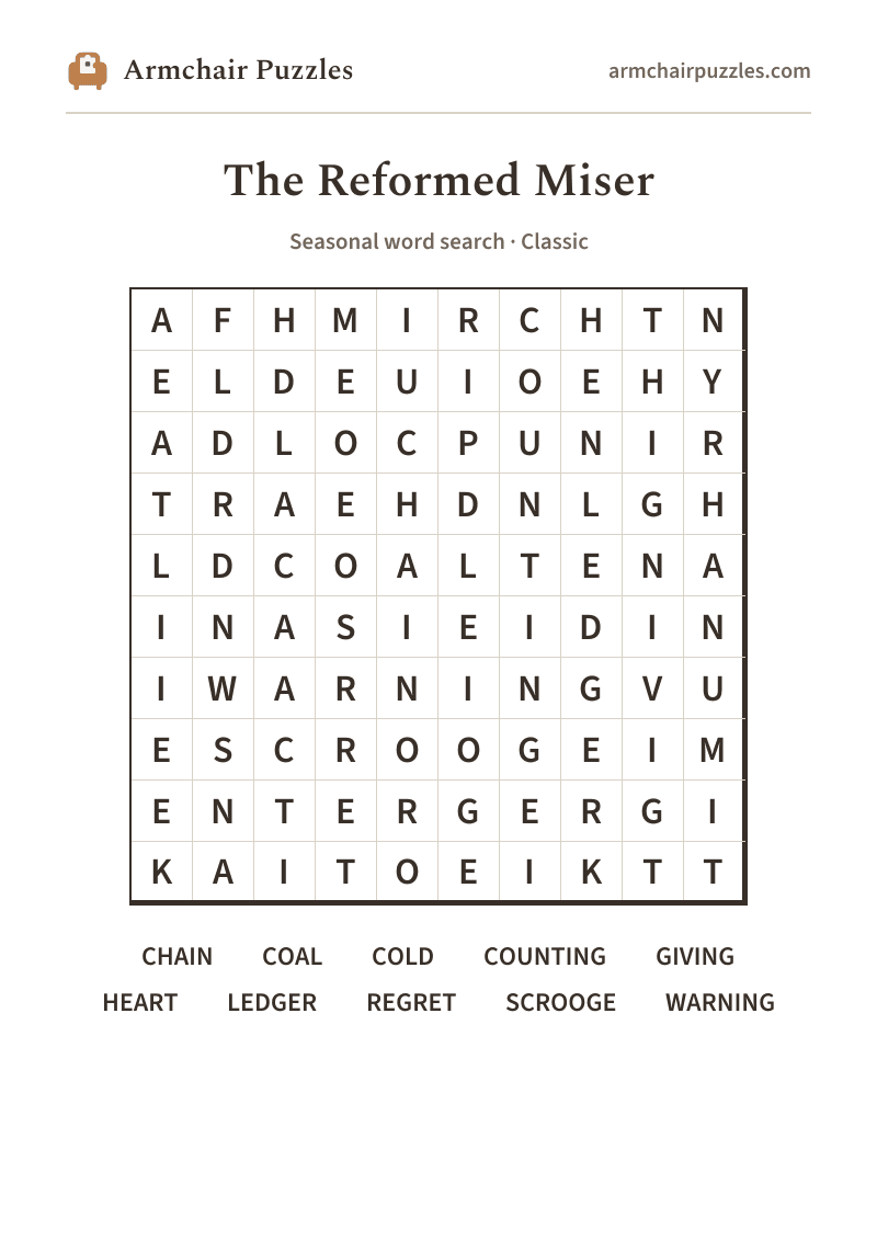 The printable The Reformed Miser word search sheet: large-print Classic grid with its word list