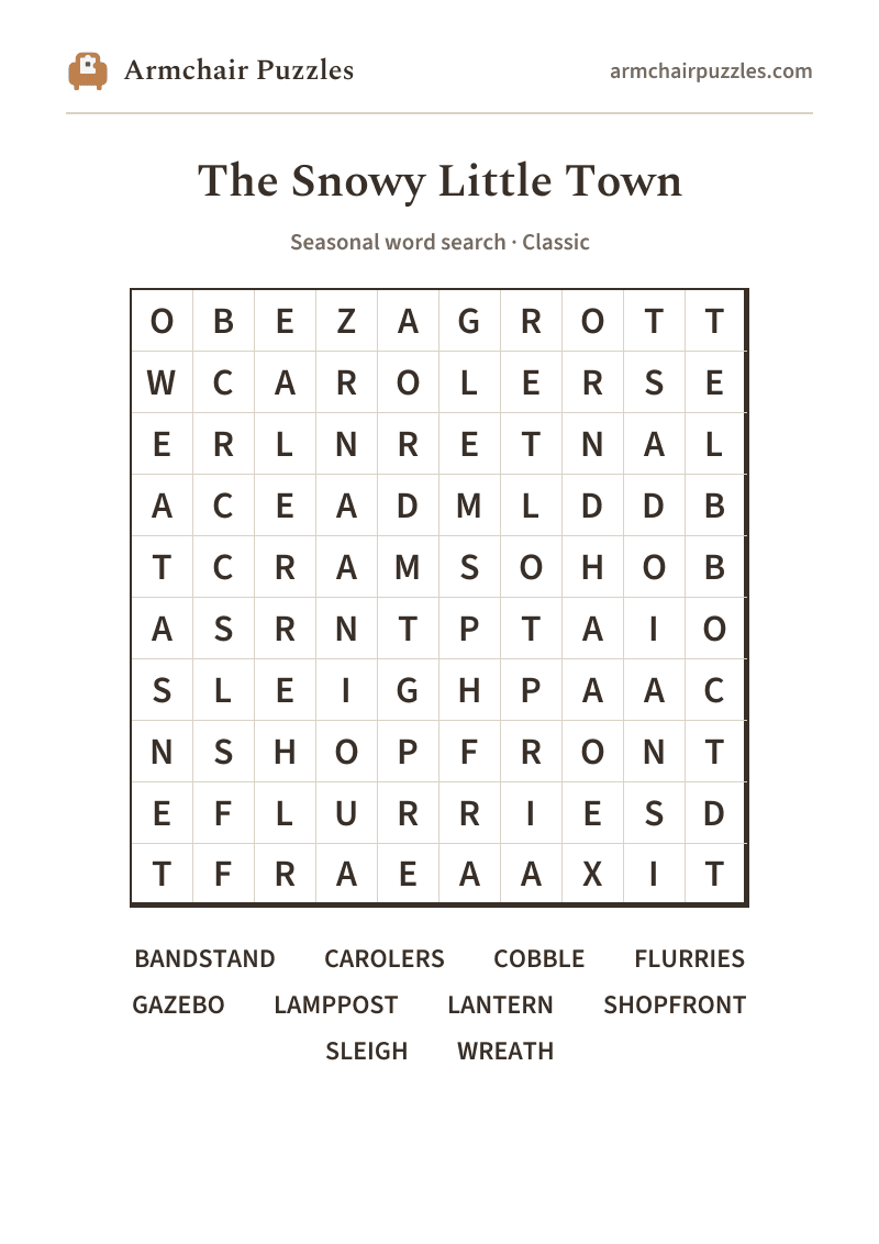 The printable The Snowy Little Town word search sheet