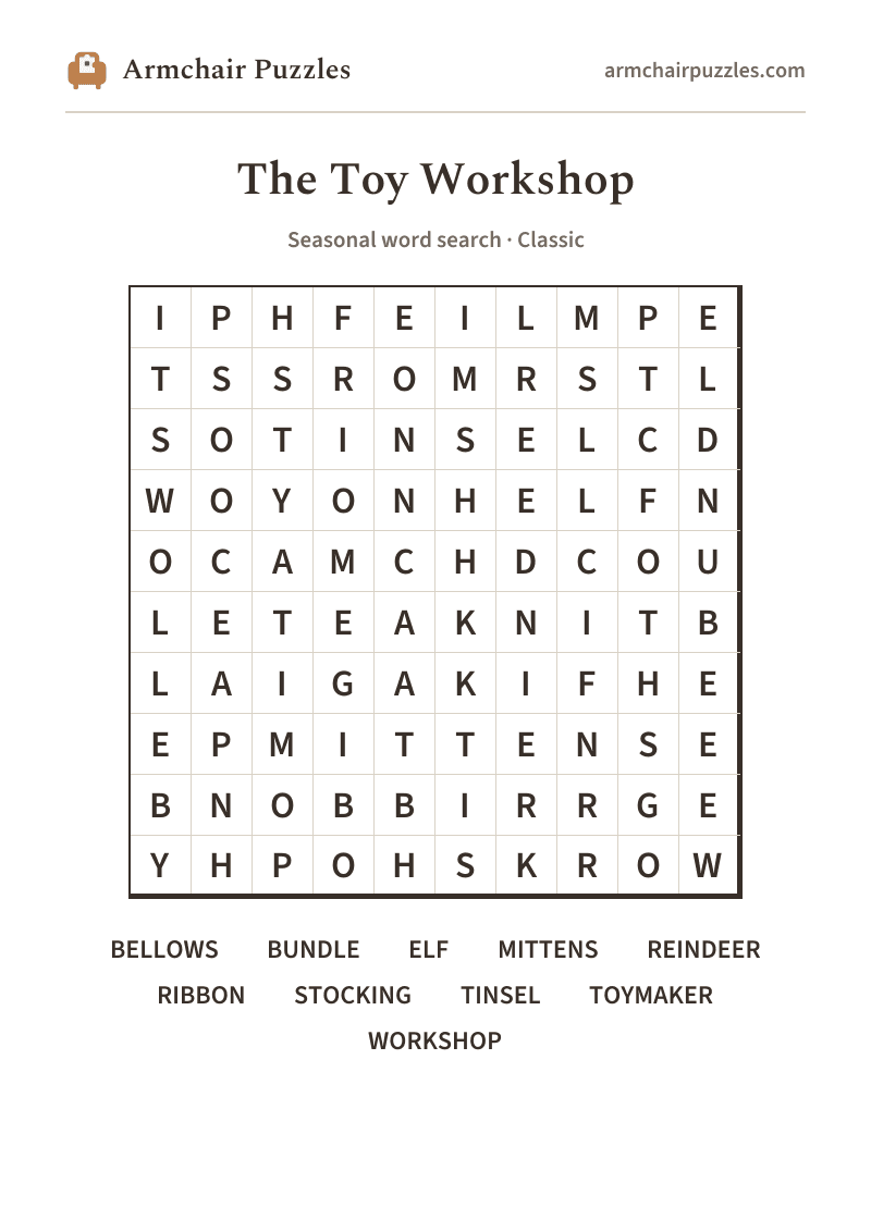 The printable The Toy Workshop word search sheet in large print