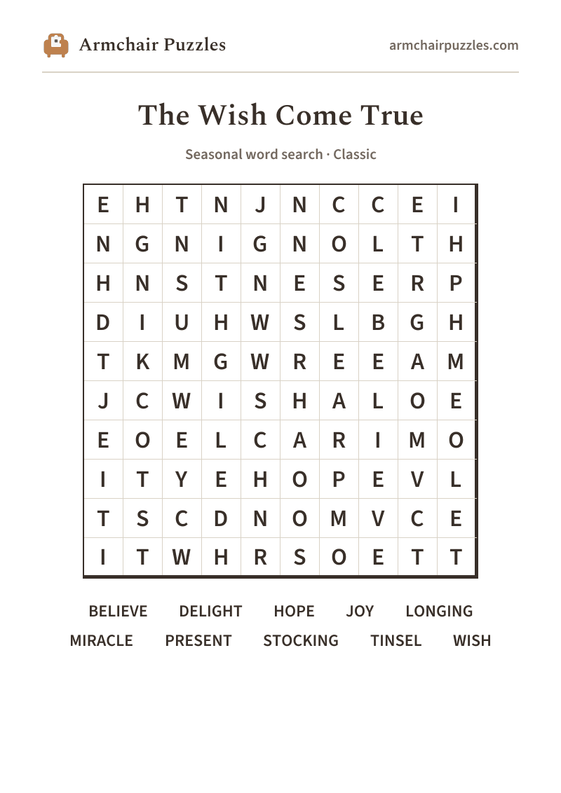 The printable The Wish Come True word search sheet: large-print Classic grid with its word list