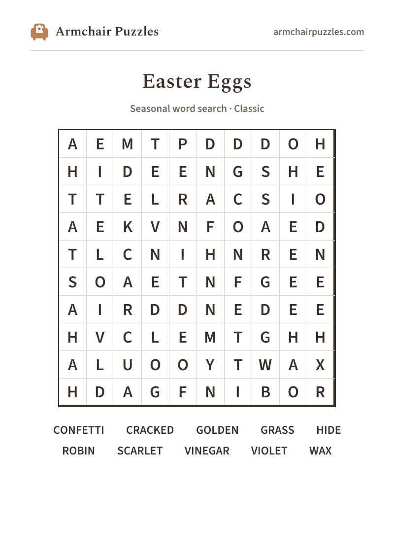 The printable Easter Eggs word search sheet: large-print Classic grid with its word list