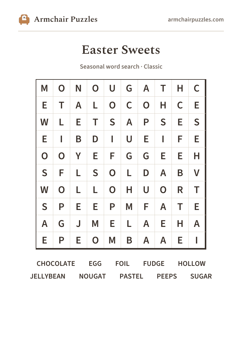 The printable Easter Sweets word search sheet