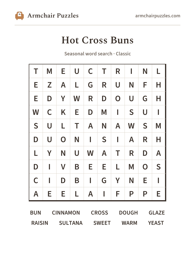 The printable Hot Cross Buns word search sheet