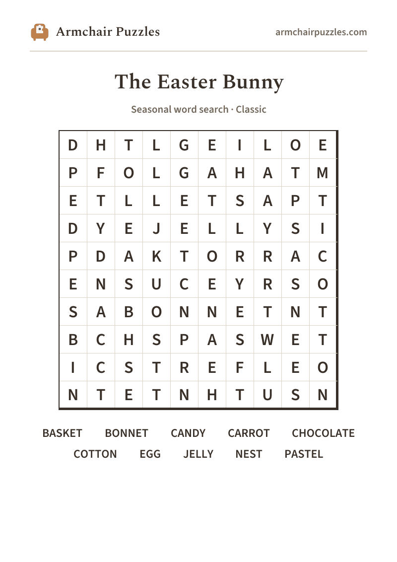 The printable The Easter Bunny word search sheet: large-print Classic grid with its word list