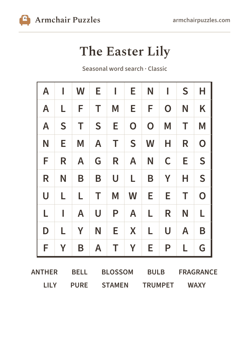The printable The Easter Lily word search sheet in large print