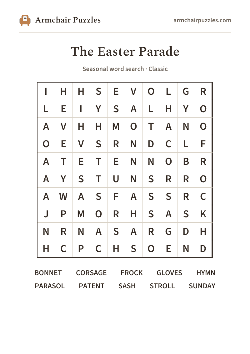 The printable The Easter Parade word search sheet: large-print Classic grid with its word list