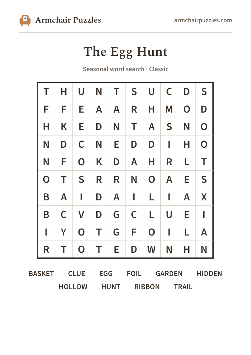The printable The Egg Hunt word search sheet