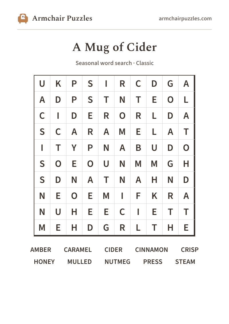 The printable A Mug of Cider word search sheet in large print