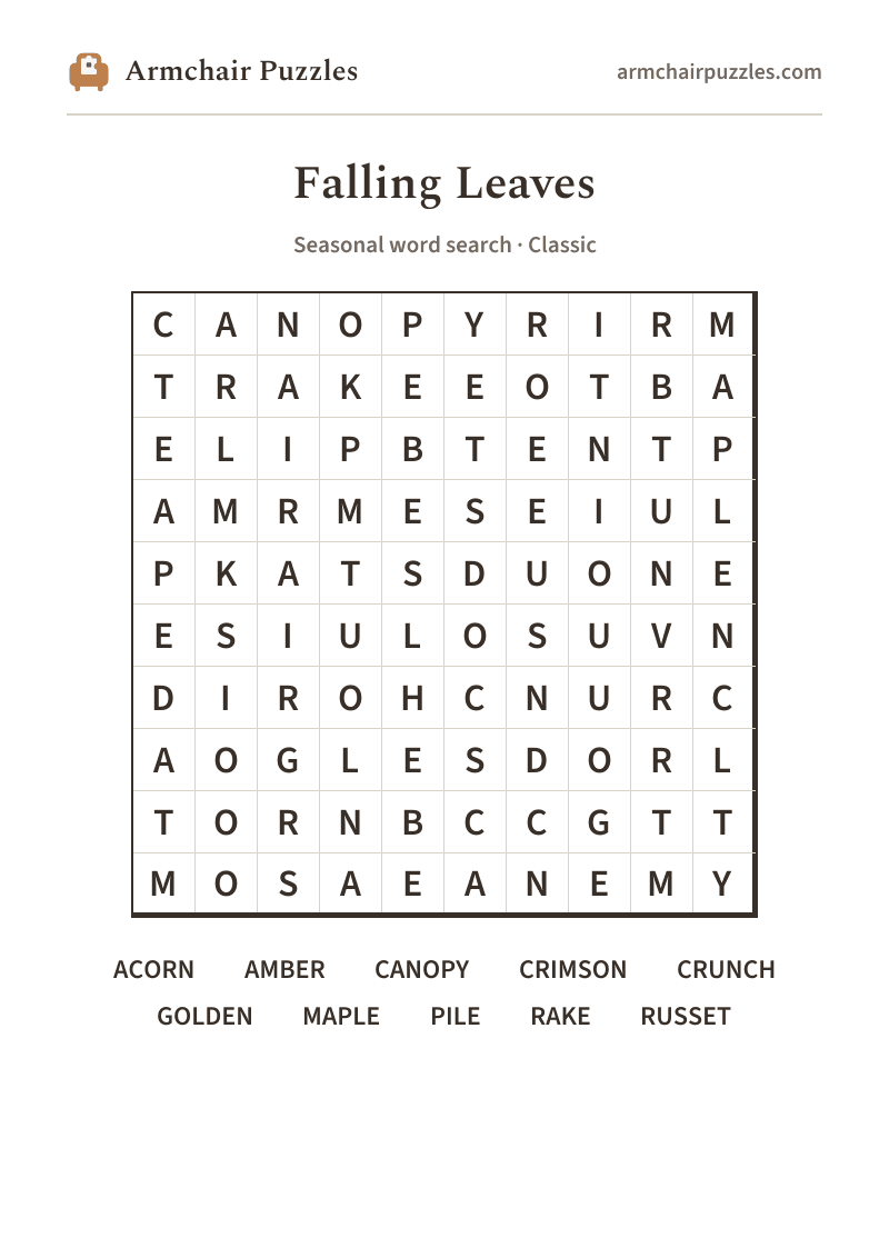 The printable Falling Leaves word search sheet