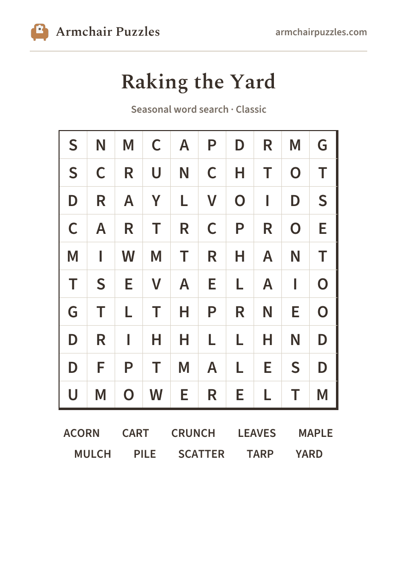 The printable Raking the Yard word search sheet