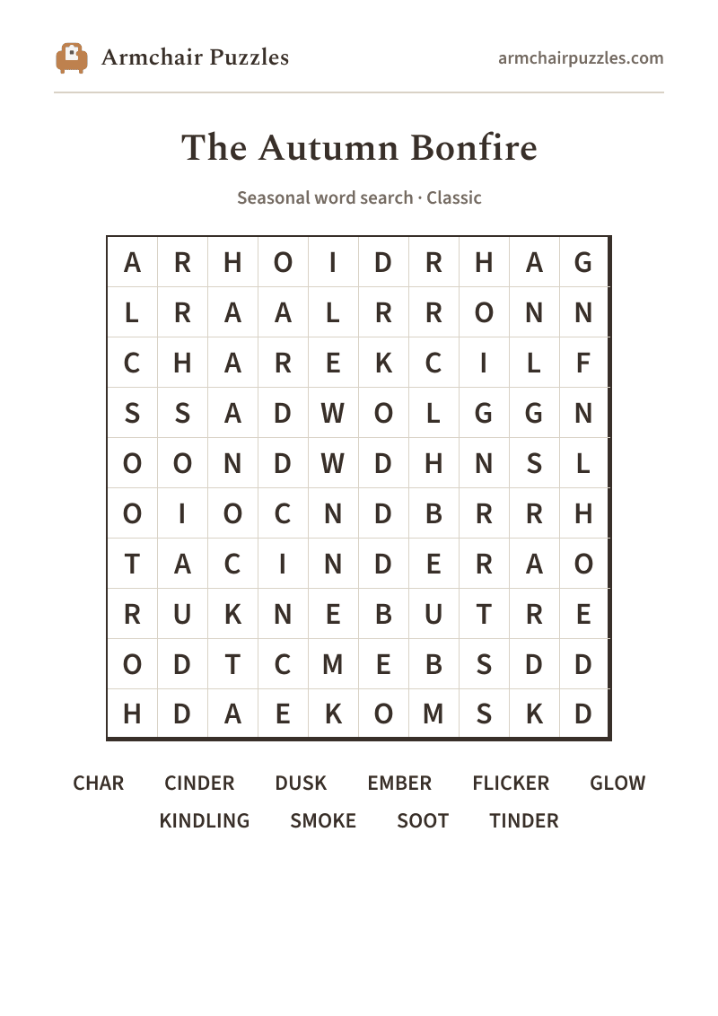 The printable The Autumn Bonfire word search sheet in large print