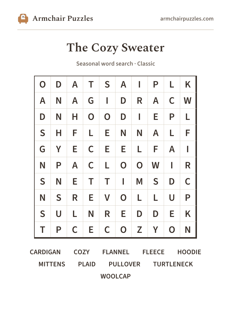 The printable The Cozy Sweater word search sheet in large print