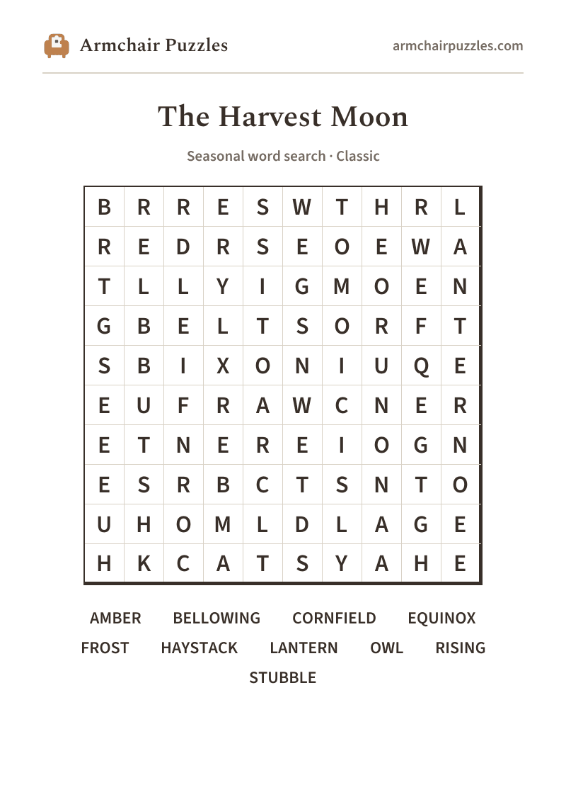 The printable The Harvest Moon word search sheet in large print