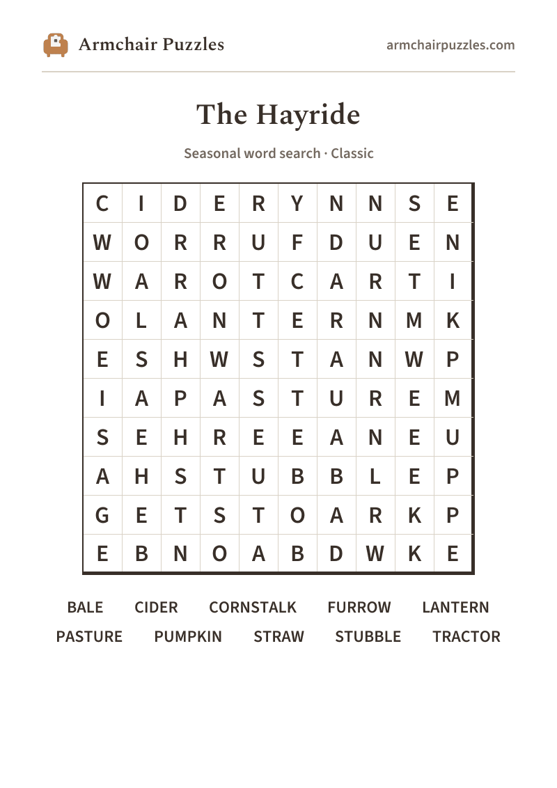 The printable The Hayride word search sheet in large print