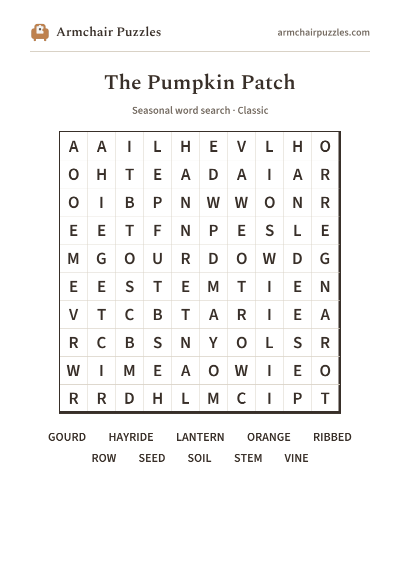 The printable The Pumpkin Patch word search sheet: large-print Classic grid with its word list