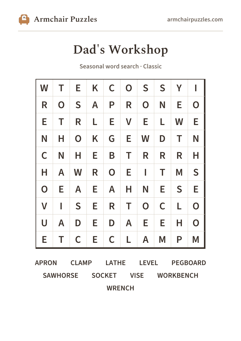 The printable Dad's Workshop word search sheet: large-print Classic grid with its word list