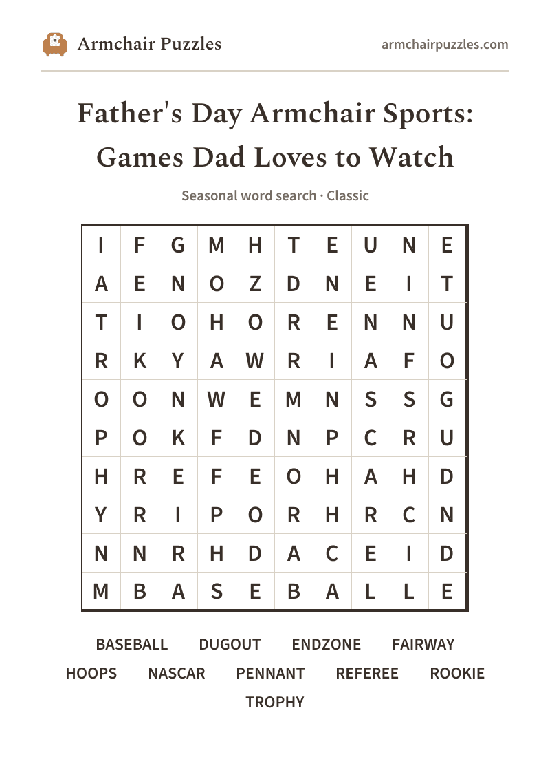 The printable Father's Day Armchair Sports: Games Dad Loves to Watch word search sheet in large print