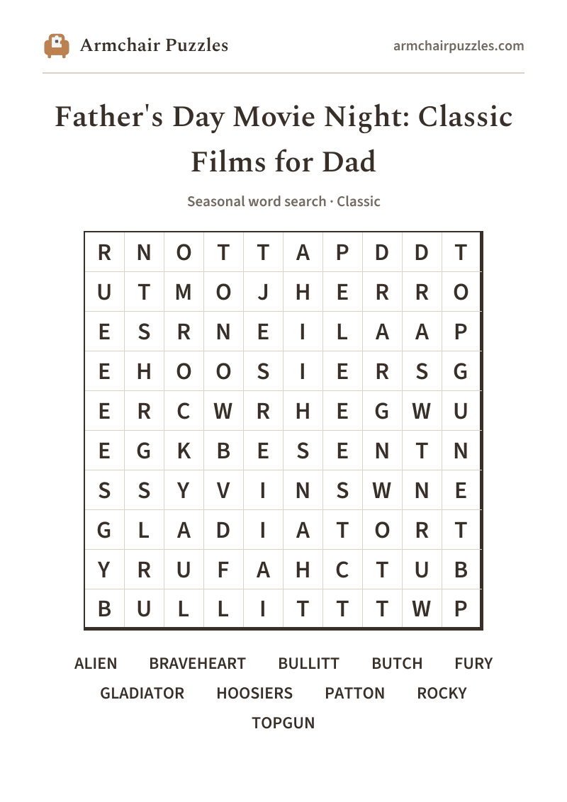 The printable Father's Day Movie Night: Classic Films for Dad word search sheet: large-print Classic grid with its word list