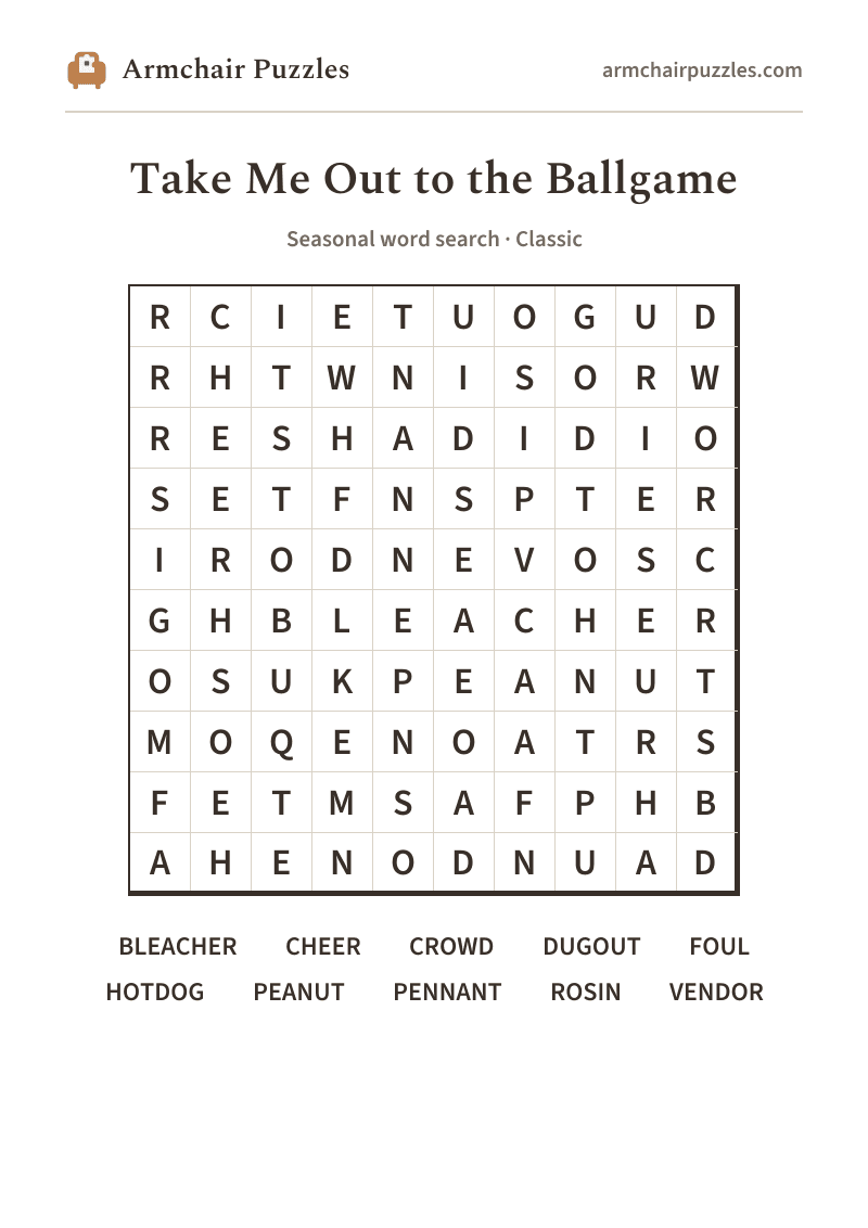 The printable Take Me Out to the Ballgame word search sheet: large-print Classic grid with its word list