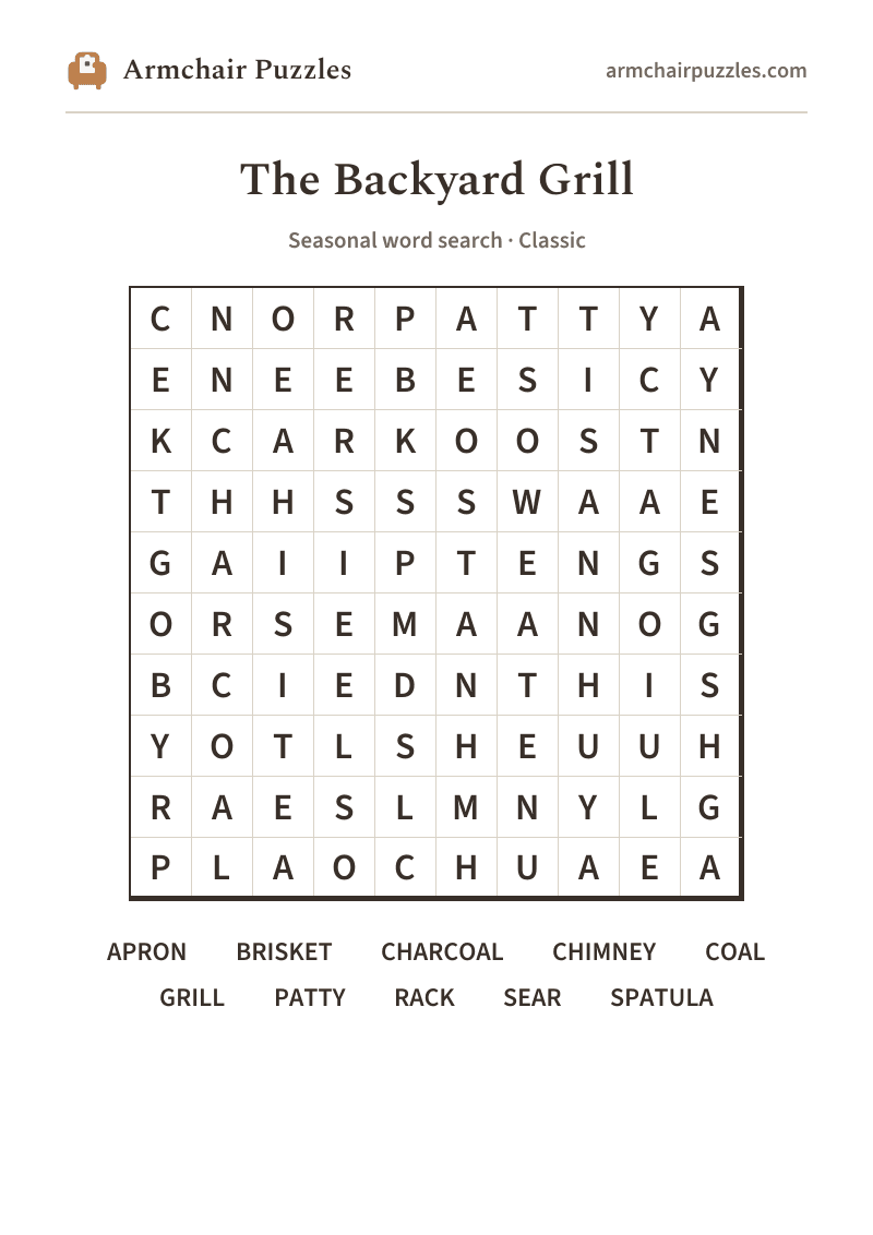 The printable The Backyard Grill word search sheet in large print