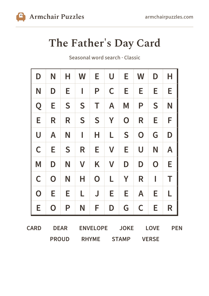 The printable The Father's Day Card word search sheet: large-print Classic grid with its word list
