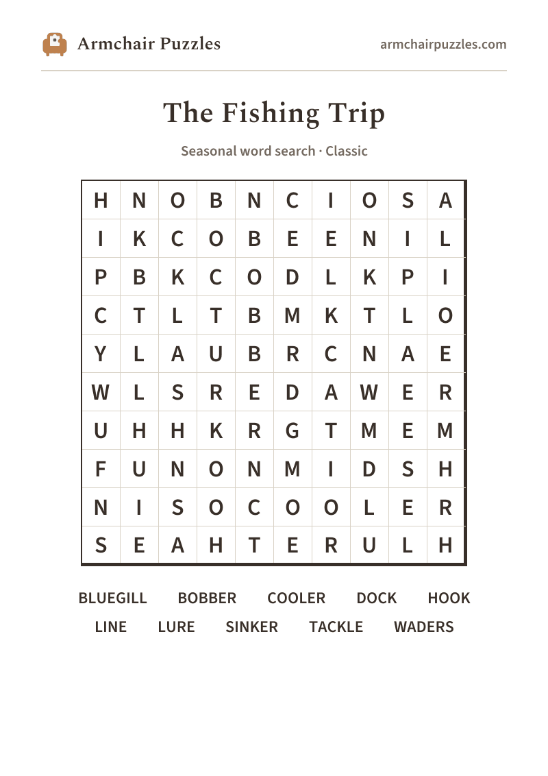 The printable The Fishing Trip word search sheet in large print