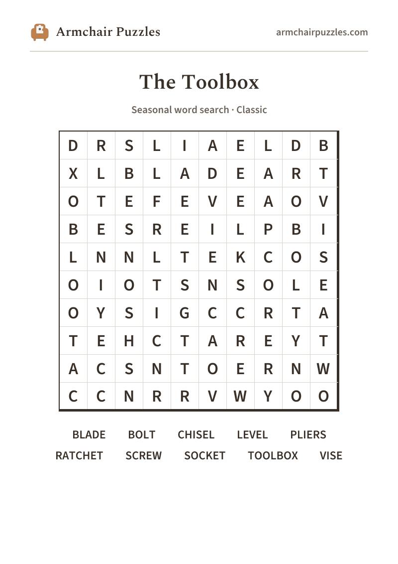 The printable The Toolbox word search sheet: large-print Classic grid with its word list