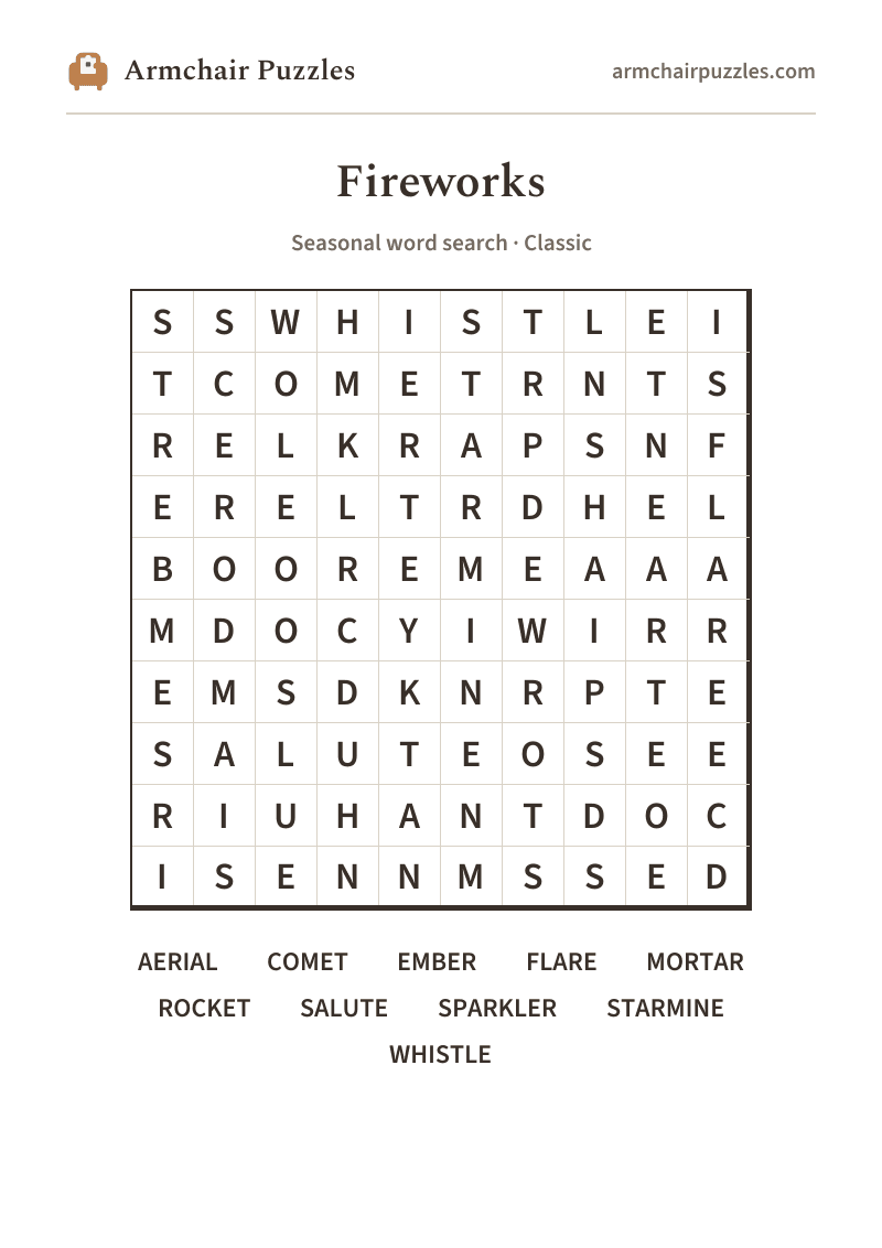 The printable Fireworks word search sheet