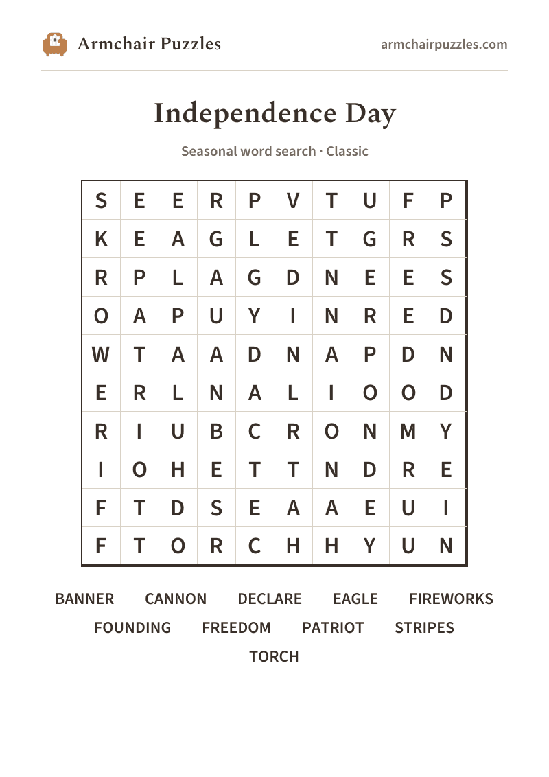 The printable Independence Day word search sheet in large print