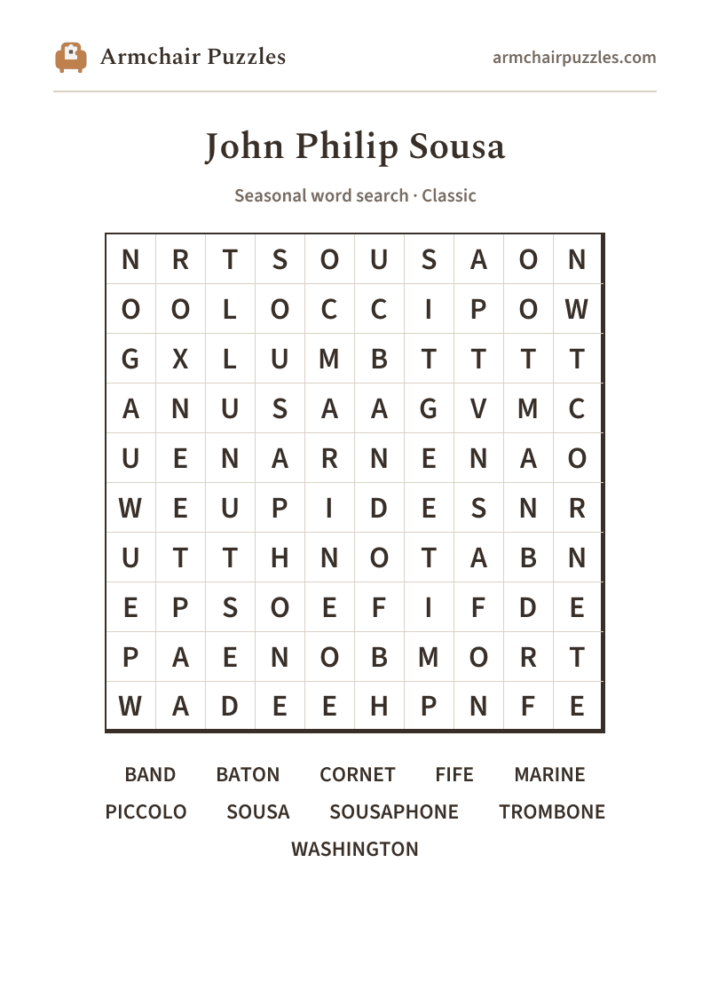 The printable John Philip Sousa word search sheet