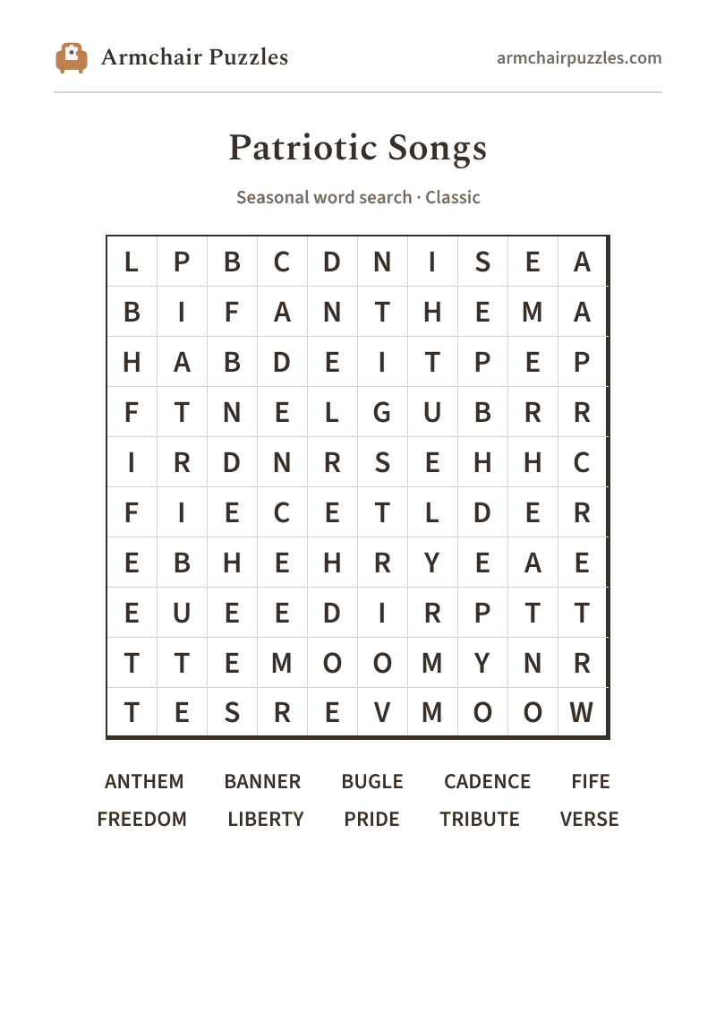The printable Patriotic Songs word search sheet