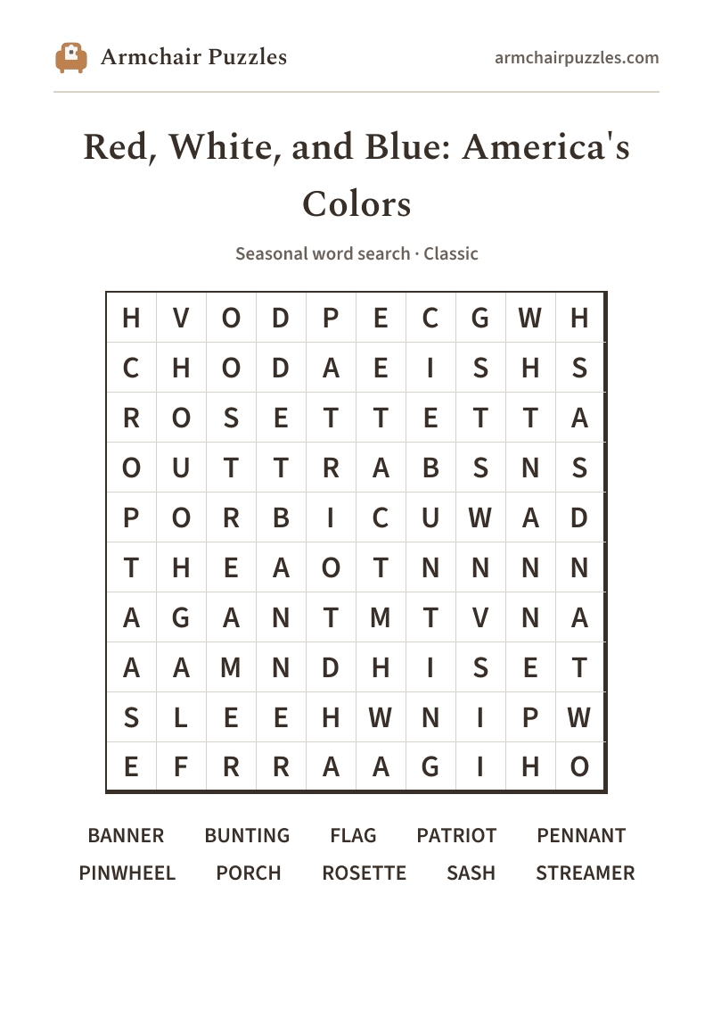 The printable Red, White, and Blue: America's Colors word search sheet: large-print Classic grid with its word list