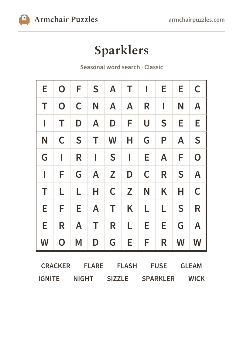 The printable Sparklers word search sheet