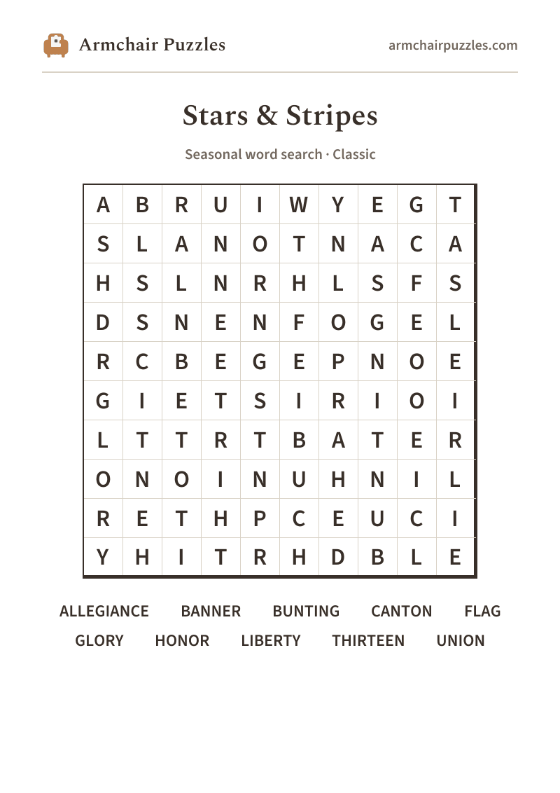 The printable Stars & Stripes word search sheet