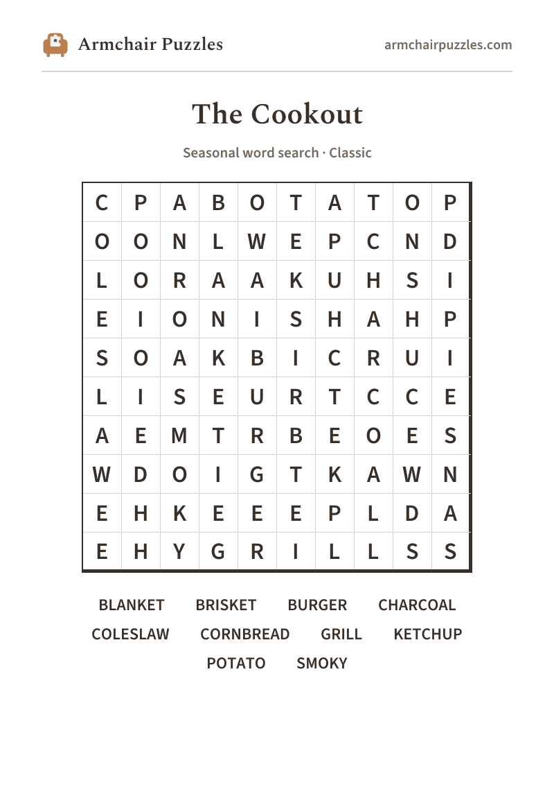 The printable The Cookout word search sheet