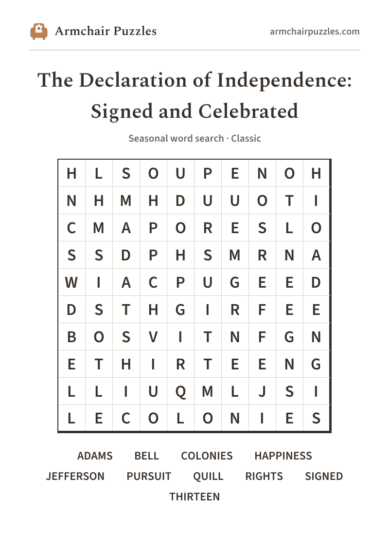 The printable The Declaration of Independence: Signed and Celebrated word search sheet: large-print Classic grid with its word list