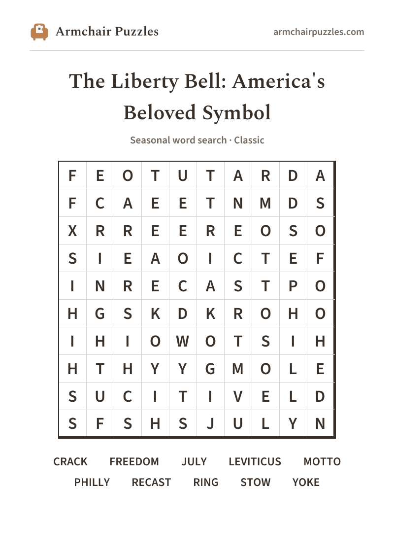 The printable The Liberty Bell: America's Beloved Symbol word search sheet: large-print Classic grid with its word list