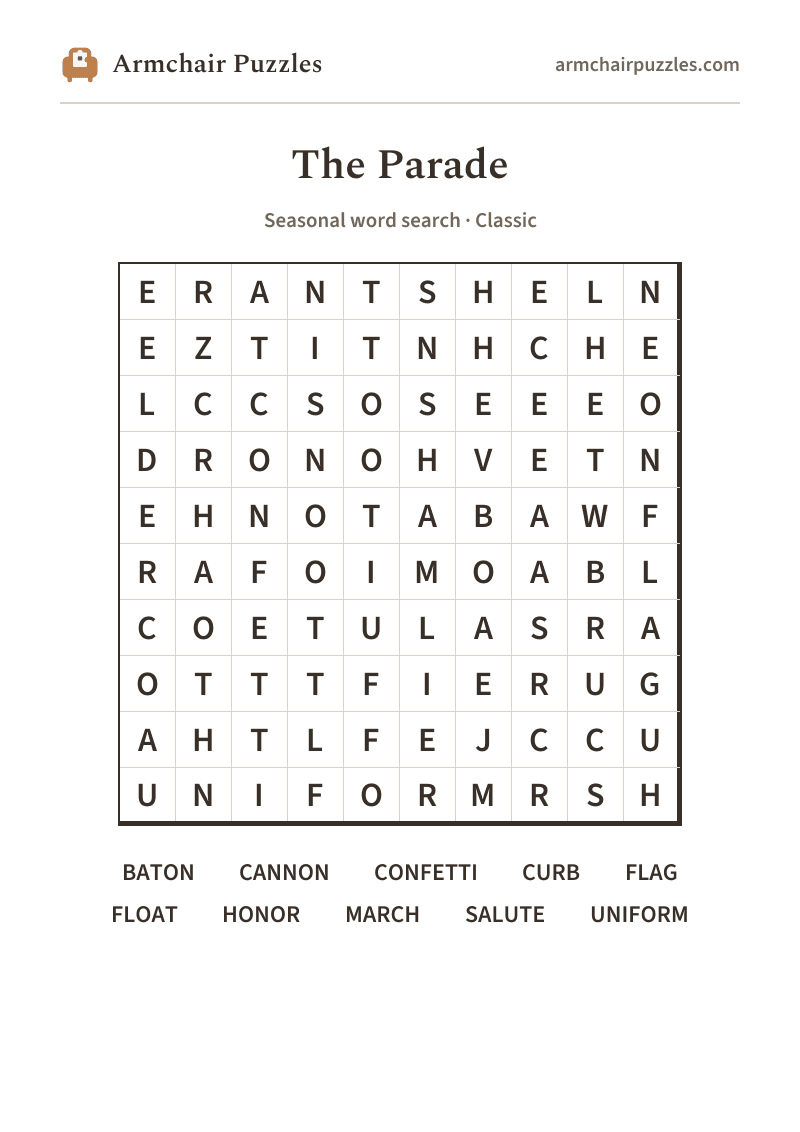 The printable The Parade word search sheet