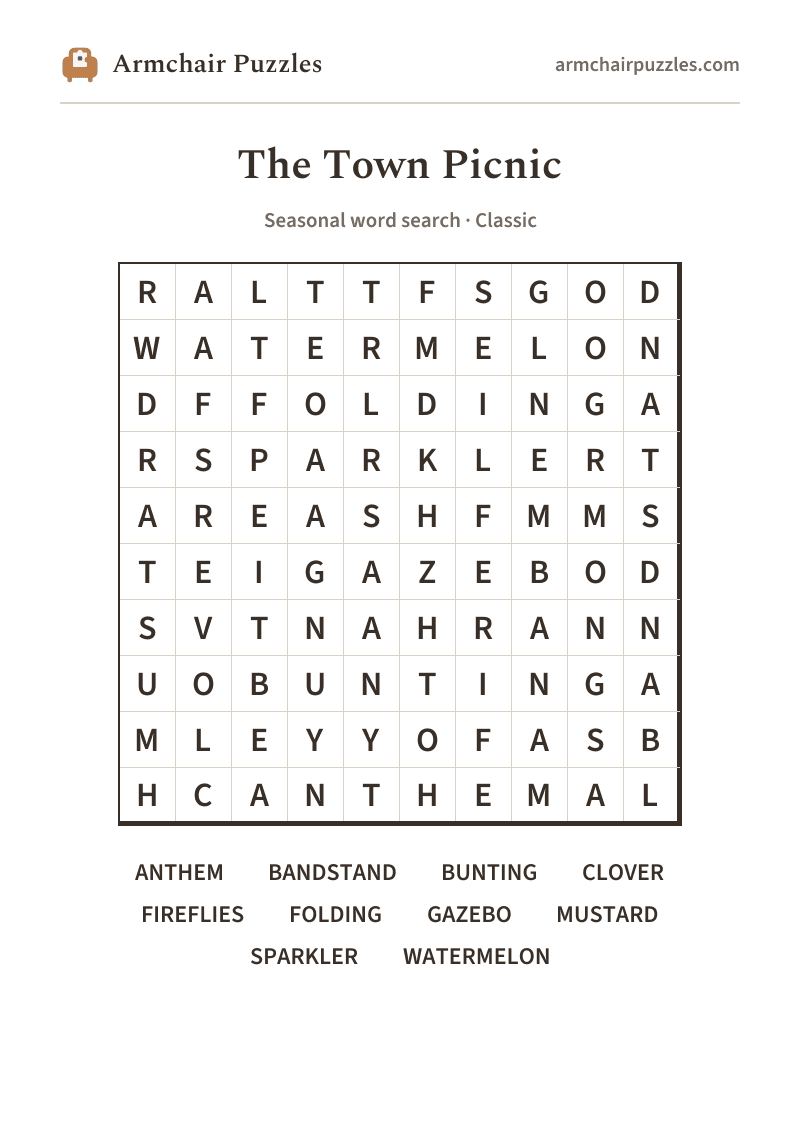 The printable The Town Picnic word search sheet