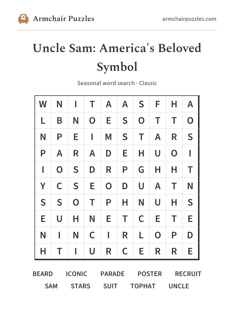 The printable Uncle Sam: America's Beloved Symbol word search sheet: large-print Classic grid with its word list